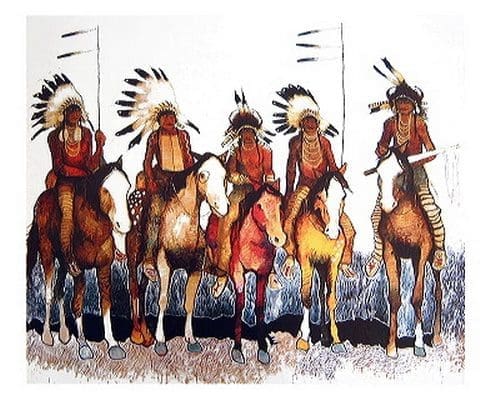 Indigenous riders in traditional headdresses