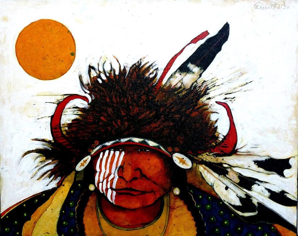 Native American warrior with feathers and paint