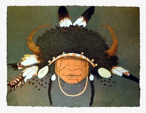 Traditional headdress illustration with feathers and horns