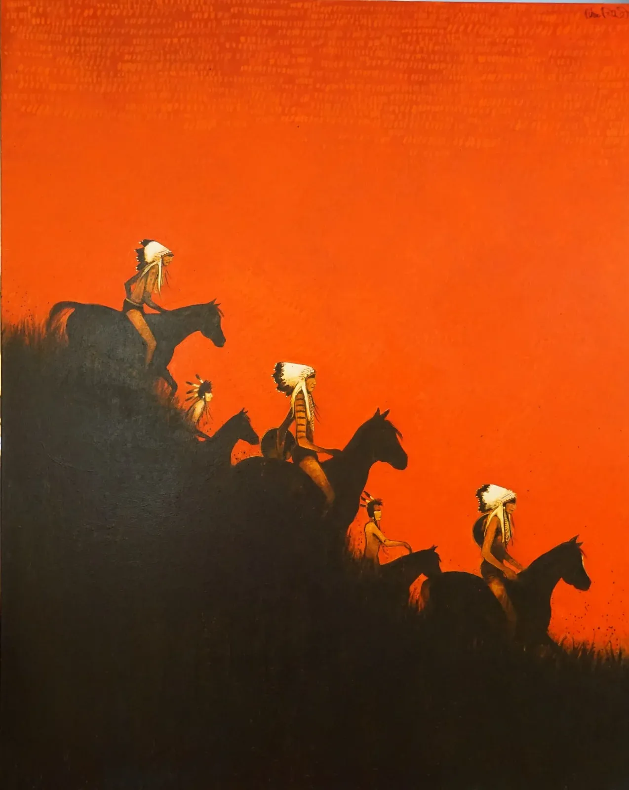 Indigenous riders silhouetted against sunset sky