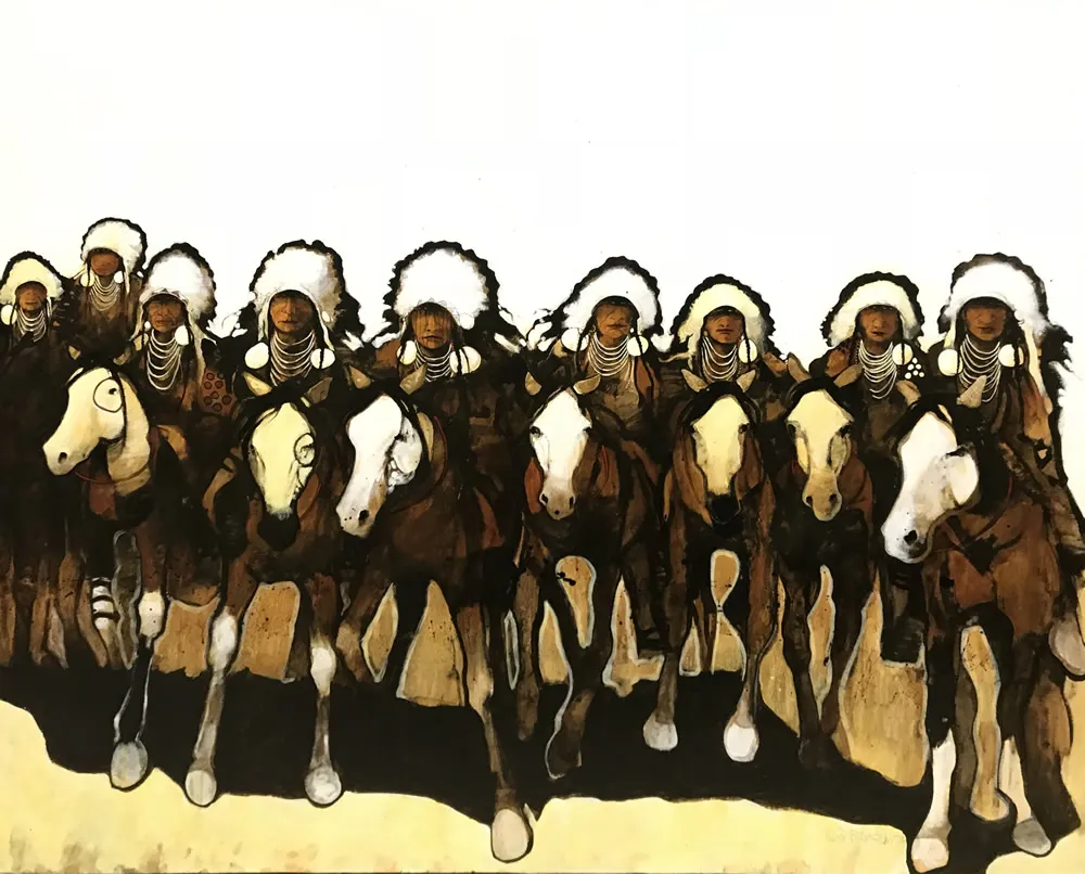 Tribal riders with feathered headdresses