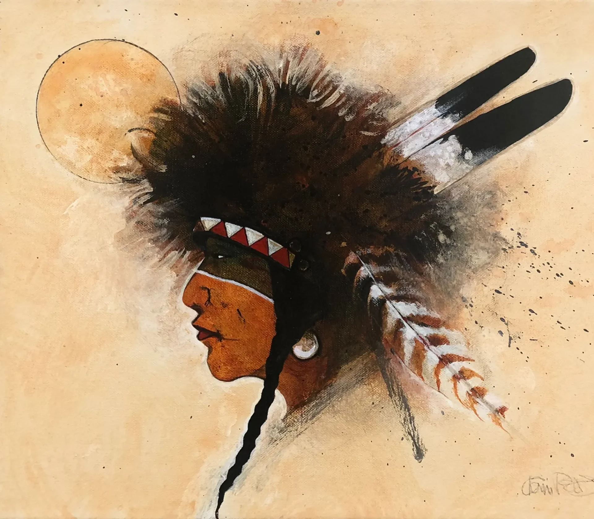 Indigenous artwork with traditional headdress