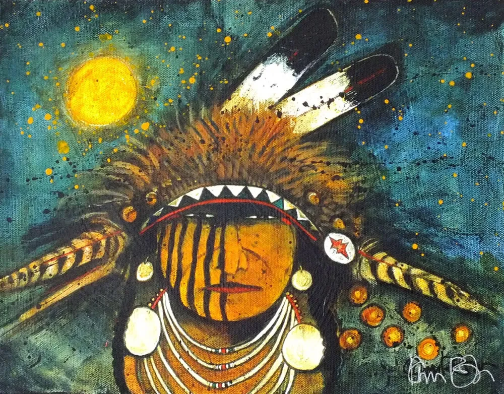Native American warrior under moonlit sky