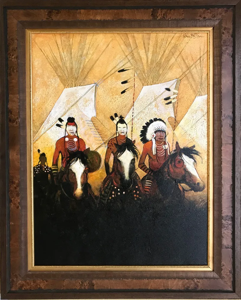 Indigenous riders with feathered headdresses