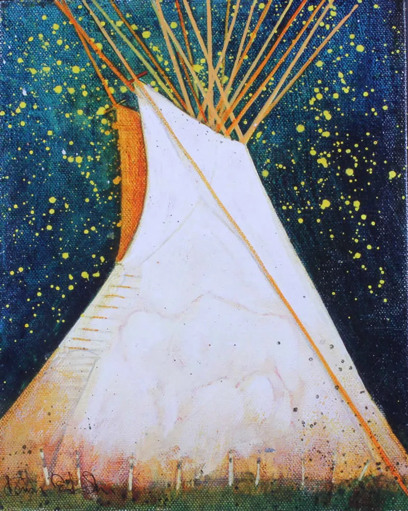 Painted tipi against dark, starry backdrop