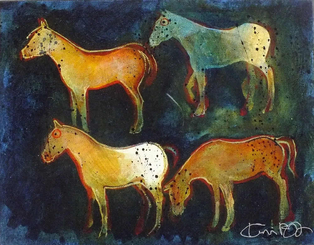 Colorful abstract horses on dark background