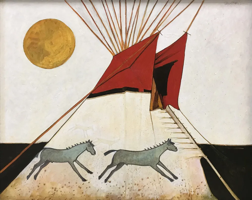 Sun over abstract tipi and horses