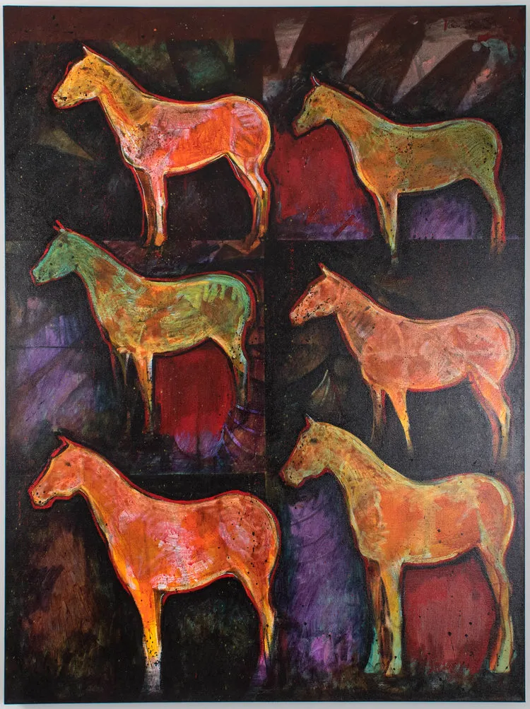 Colorful horse silhouettes on dark background