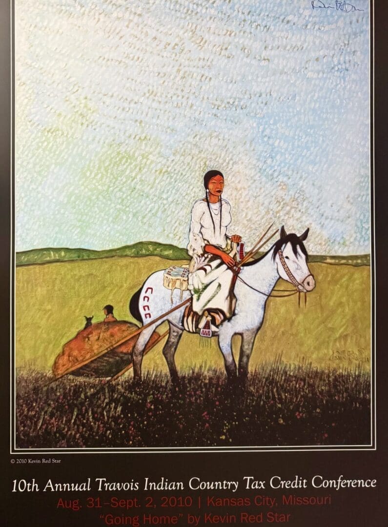 Native American woman on horseback pulling a travois in a grassy field.