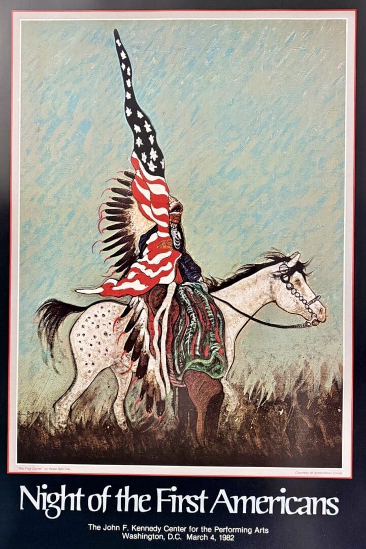 Artwork of a Native American on horseback holding a flag resembling the US flag.