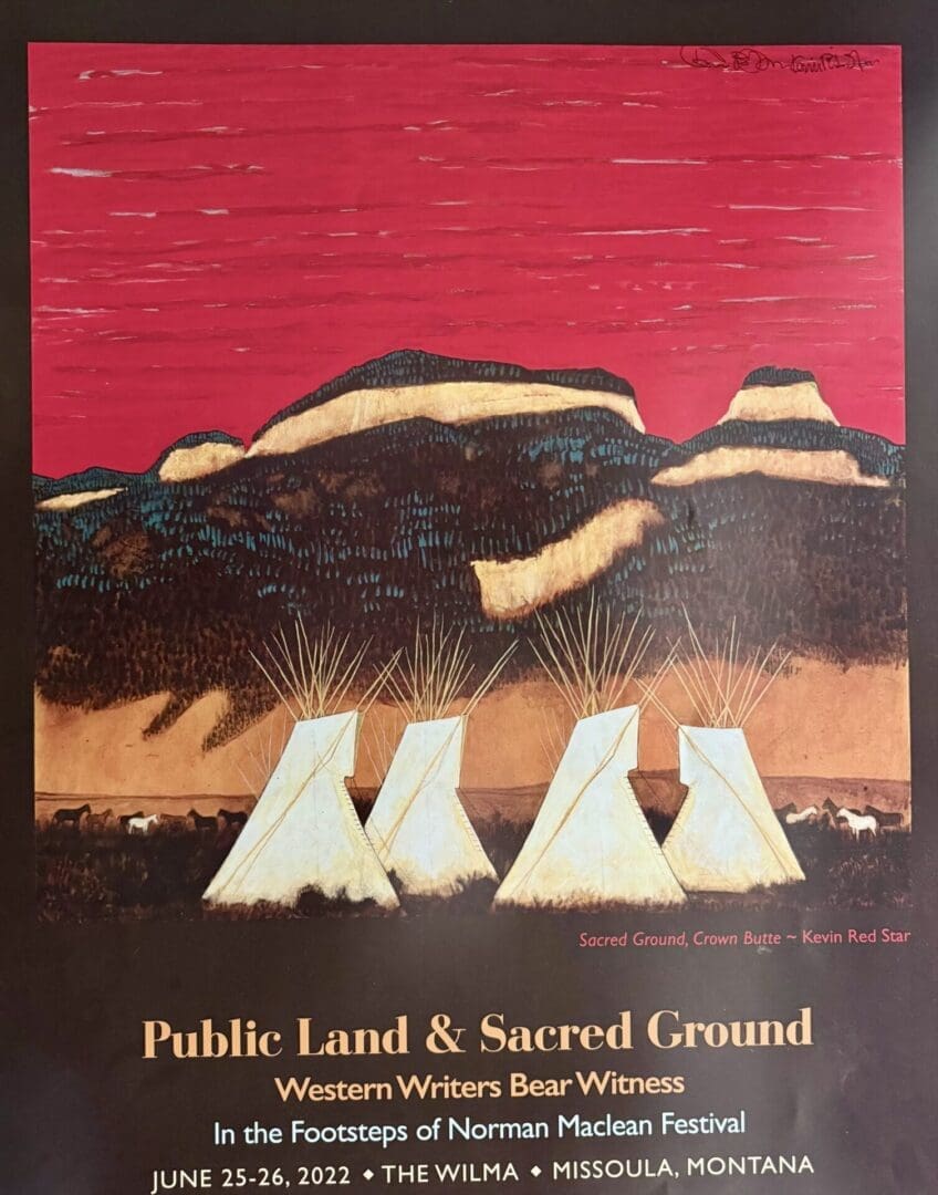Poster with teepees and mountains promoting Western Writers Bear Witness festival.
