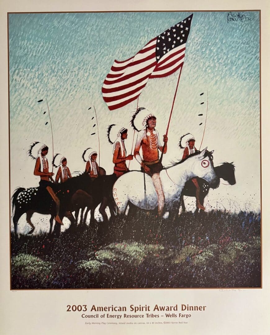 Native American riders carrying an American flag in a stylized painting.