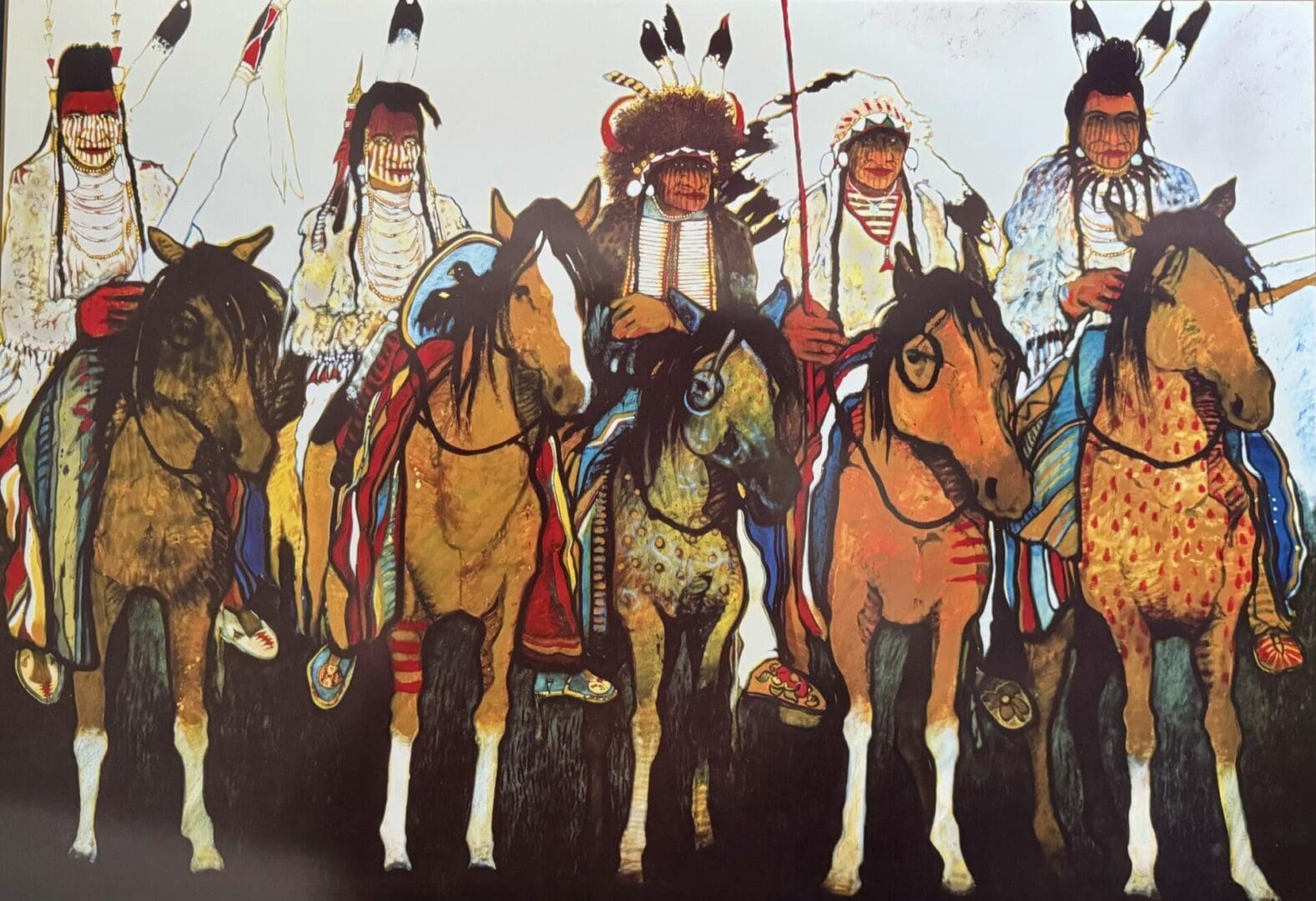 Painting of Native American warriors on horseback in traditional attire.