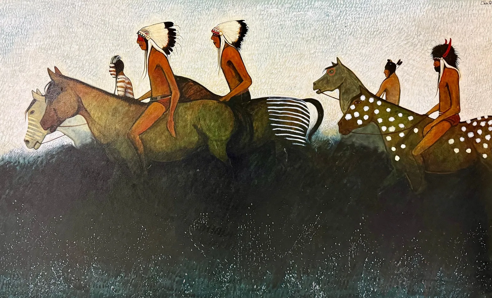 Native American warriors ride horses with distinctive markings across a misty landscape.